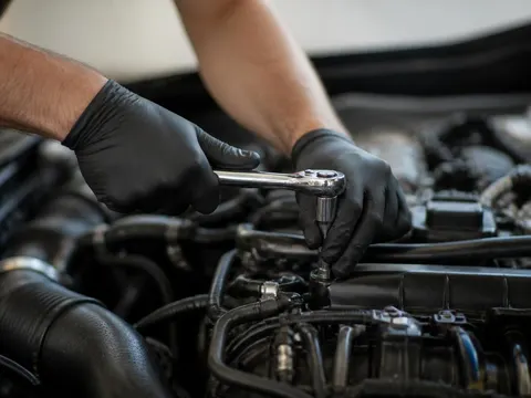 Mechanic using a ratchet wrench on an engine fastener during general auto repair
