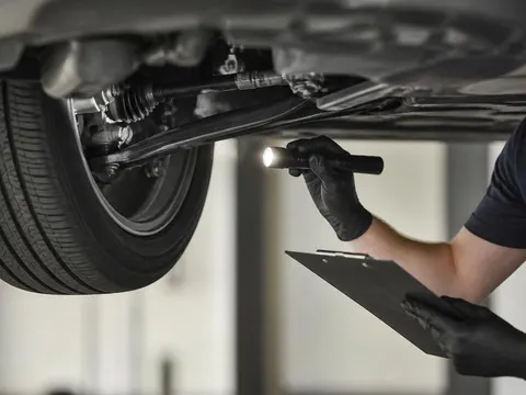 Telescoping inspection mirror checking a vehicle underbody in an inspection bay